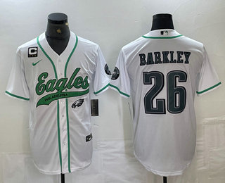 Men's Philadelphia Eagles #26 Saquon Barkley White With C Patch Cool Base Baseball Stitched Jersey 03