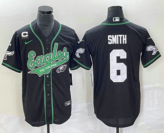 Men's Philadelphia Eagles #6 DeVonta Smith Black C Patch Cool Base Stitched Baseball Jersey