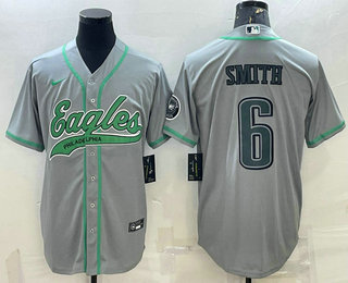 Men's Philadelphia Eagles #6 DeVonta Smith Gray With Patch Cool Base Stitched Baseball Jersey