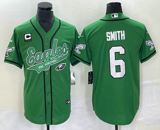 Men's Philadelphia Eagles #6 DeVonta Smith Green C Patch Cool Base Stitched Baseball Jersey