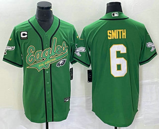 Men's Philadelphia Eagles #6 DeVonta Smith Green Gold C Patch Cool Base Stitched Baseball Jersey