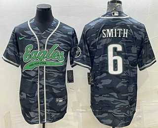 Men's Philadelphia Eagles #6 DeVonta Smith Grey Camo With Patch Cool Base Stitched Baseball Jersey