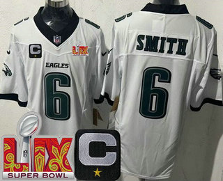 Men's Philadelphia Eagles #6 DeVonta Smith Limited White C Patch Super Bowl LIX FUSE Vapor Jersey