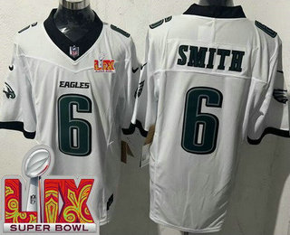 Men's Philadelphia Eagles #6 DeVonta Smith Limited White Super Bowl LIX FUSE Vapor Jersey