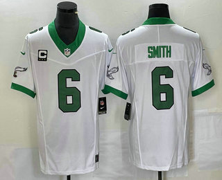 Men's Philadelphia Eagles #6 DeVonta Smith White C Patch 2023 FUSE Vapor Limited Throwback Stitched Jersey