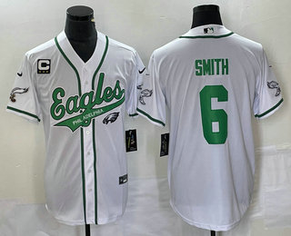 Men's Philadelphia Eagles #6 DeVonta Smith White C Patch Cool Base Stitched Baseball Jersey