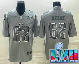 Men's Philadelphia Eagles #62 Jason Kelce Gray Super Bowl LVII Patch Atmosphere Fashion Stitched Jersey