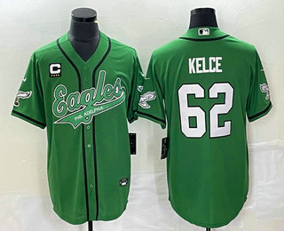 Men's Philadelphia Eagles #62 Jason Kelce Green C Patch Cool Base Stitched Baseball Jersey