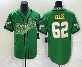 Men's Philadelphia Eagles #62 Jason Kelce Green Gold Cool Base Stitched Baseball Jersey