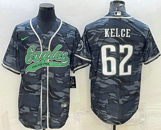 Men's Philadelphia Eagles #62 Jason Kelce Grey Camo With Patch Cool Base Stitched Baseball Jersey