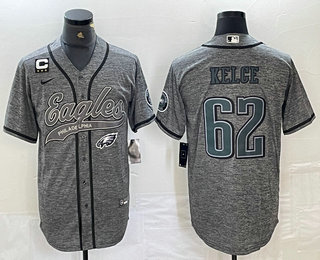 Men's Philadelphia Eagles #62 Jason Kelce Grey Gridiron With C Patch Cool Base Stitched Baseball Jersey 02