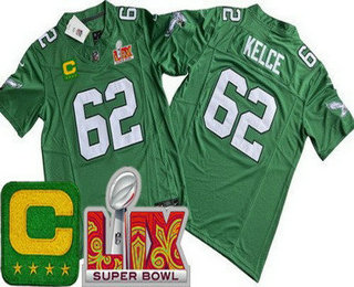 Men's Philadelphia Eagles #62 Jason Kelce Limited Kelly Green C Patch Super Bowl LIX FUSE Vapor Jersey