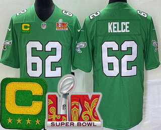 Men's Philadelphia Eagles #62 Jason Kelce Limited Kelly Green C Patch Super Bowl LIX Vapor Jersey