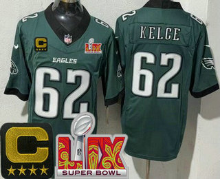 Men's Philadelphia Eagles #62 Jason Kelce Limited Midnight Green C Patch Super Bowl LIX FUSE Vapor Jersey