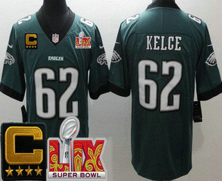 Men's Philadelphia Eagles #62 Jason Kelce Limited Midnight Green C Patch Super Bowl LIX Vapor Jersey