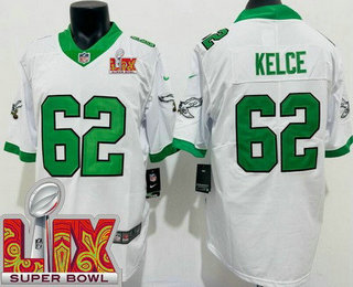 Men's Philadelphia Eagles #62 Jason Kelce Limited White Alternate Super Bowl LIX Vapor Jersey