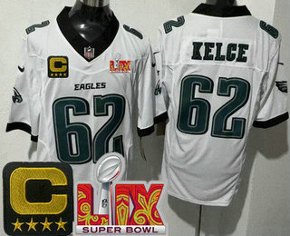 Men's Philadelphia Eagles #62 Jason Kelce Limited White C Patch Super Bowl LIX FUSE Vapor Jersey