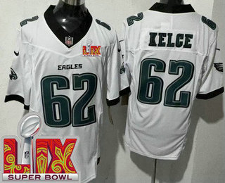 Men's Philadelphia Eagles #62 Jason Kelce Limited White Super Bowl LIX FUSE Vapor Jersey