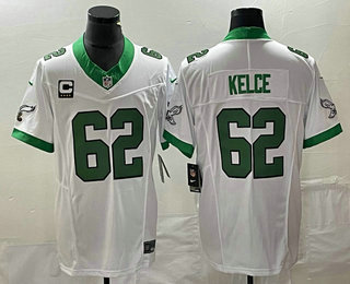 Men's Philadelphia Eagles #62 Jason Kelce White C Patch 2023 FUSE Vapor Limited Throwback Stitched Jersey