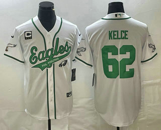 Men's Philadelphia Eagles #62 Jason Kelce White C Patch Cool Base Stitched Baseball Jersey