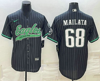 Men's Philadelphia Eagles #68 Jordan Mailata Black Pinstripe With Patch Cool Base Stitched Baseball Jersey