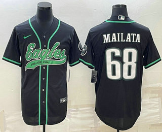 Men's Philadelphia Eagles #68 Jordan Mailata Black With Patch Cool Base Stitched Baseball Jersey 2