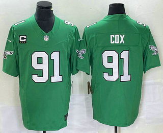 Men's Philadelphia Eagles #91 Fletcher Cox Green C Patch 2023 FUSE Vapor Limited Throwback Stitched Jersey