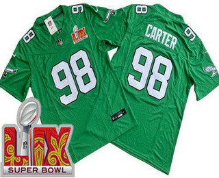 Men's Philadelphia Eagles #98 Jalen Carter Limited Kelly Green Super Bowl LIX FUSE Vapor Jersey