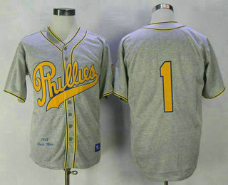 Men's Philadelphia Phillies #1 Chuck Klein 1938 Gray Wool Stitched MLB Cooperstown Collection Jersey By Mitchell & Ness