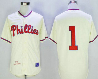 Men's Philadelphia Phillies #1 Chuck Klein 1948 Cream Throwback Stitched MLB Cooperstown Collection Jersey By Mitchell & Ness