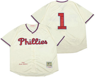 Men's Philadelphia Phillies #1 Chuck Klein 1948 Cream Throwback Stitched MLB Cooperstown Collection Jersey By Mitchell & Ness