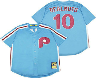 Men's Philadelphia Phillies #10 J.T. Realmuto Lilght Blue Throwback Stitched MLB Mitchell & Ness Jersey