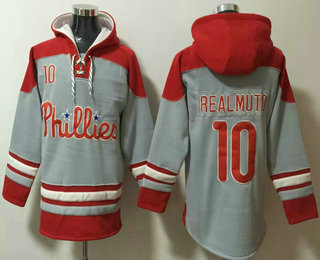 Men's Philadelphia Phillies #10 JT Realmuto Grey Ageless Must Have Lace Up Pullover Hoodie