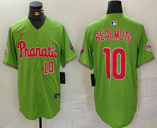 Men's Philadelphia Phillies #10 JT Realmuto Number Green With Patch Stitched Cool Base Nike Jersey