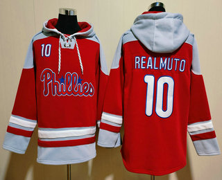 Men's Philadelphia Phillies #10 JT Realmuto Red Ageless Must Have Lace Up Pullover Hoodie