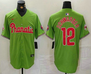 Men's Philadelphia Phillies #12 Kyle Schwarber Green With Patch Stitched Cool Base Nike Jersey