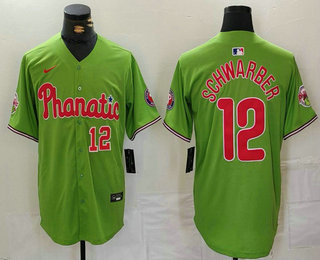 Men's Philadelphia Phillies #12 Kyle Schwarber Number Green With Patch Stitched Cool Base Nike Jersey