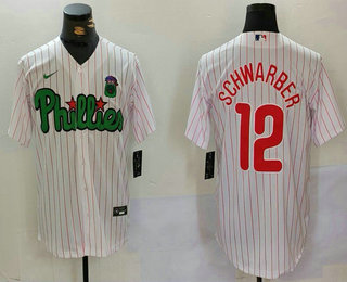 Men's Philadelphia Phillies #12 Kyle Schwarber White Green Cool Base Stitched Jersey