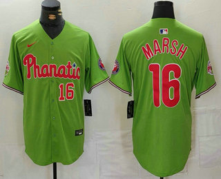 Men's Philadelphia Phillies #16 Brandon Marsh Number Green With Patch Stitched Cool Base Nike Jersey