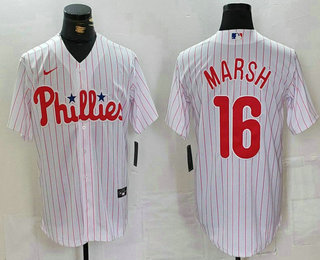 Men's Philadelphia Phillies #16 Brandon Marsh White Pinstripe Stitched Cool Base Jersey