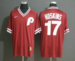 Men's Philadelphia Phillies #17 Rhys Hoskins Red Nike Cooperstown Collection Legend V Neck Jersey