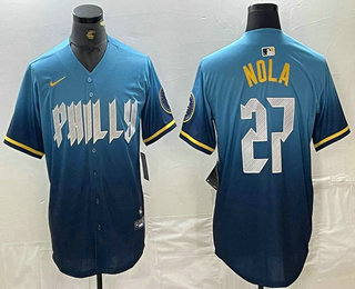 Men's Philadelphia Phillies #27 Aaron Nola Blue 2024 City Connect Limited Stitched Jersey