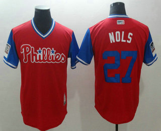 Men's Philadelphia Phillies #27 Aaron Nola Nola Scarlet Light Blue 2018 Players' Weekend Cool Base Jersey