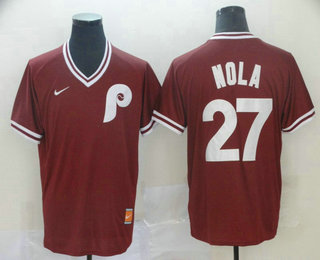 Men's Philadelphia Phillies #27 Aaron Nola Red Nike Cooperstown Collection Legend V Neck Jersey