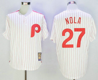 Men's Philadelphia Phillies #27 Aaron Nola White Pinstripe Majestic Cool Base Cooperstown Collection Jersey