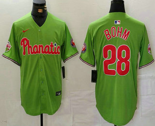 Men's Philadelphia Phillies #28 Alec Bohm Green With Patch Stitched Cool Base Nike Jersey