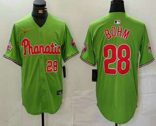 Men's Philadelphia Phillies #28 Alec Bohm Number Green With Patch Stitched Cool Base Nike Jersey