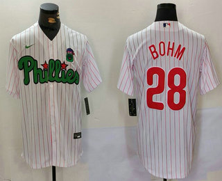 Men's Philadelphia Phillies #28 Alec Bohm White Green Cool Base Stitched Jersey