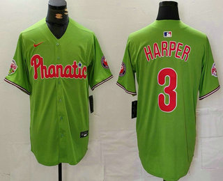 Men's Philadelphia Phillies #3 Bryce Harper Green With Patch Stitched Cool Base Nike Jersey