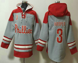 Men's Philadelphia Phillies #3 Bryce Harper Grey Ageless Must Have Lace Up Pullover Hoodie